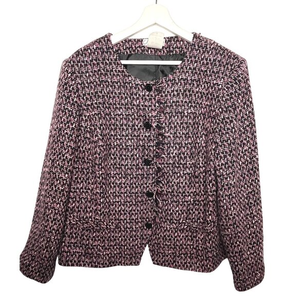 Dress Barn Plus 2X Pink Black Tweed Blazer Collarless Preppy Work Jacket - Picture 1 of 16